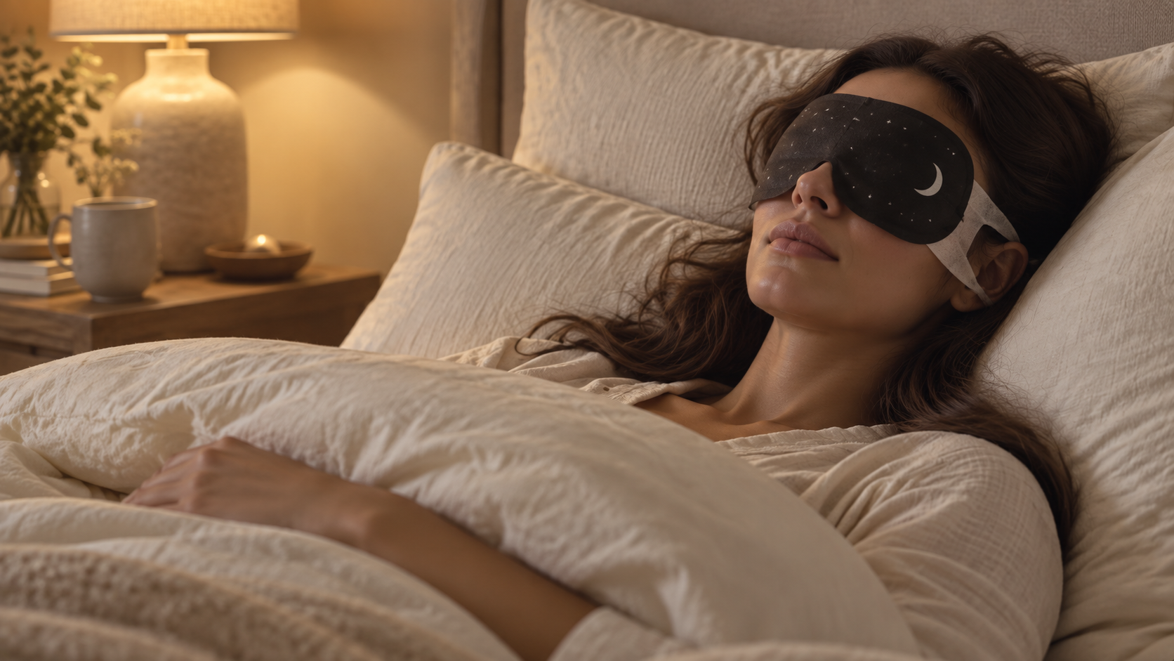 Resting peacefully in a warm-lit bedroom while wearing the EVOURA steam eye mask